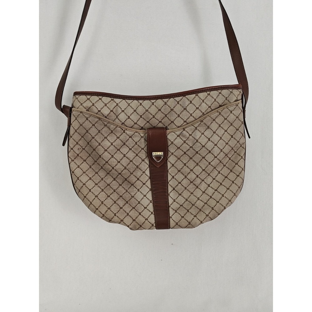 Vintage Bally Coated Canvas Monogram crescent bag Brown Leather‎ shoulder bag